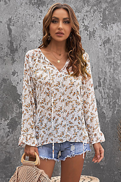 Floral Print Drawstring Long Bell Sleeve Blouse