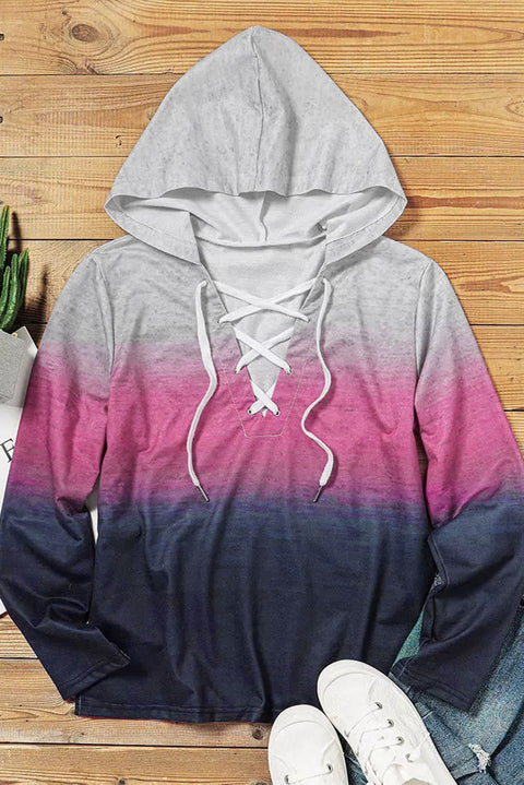 Gradient Lace Up Long Sleeve Pullover Hoodie