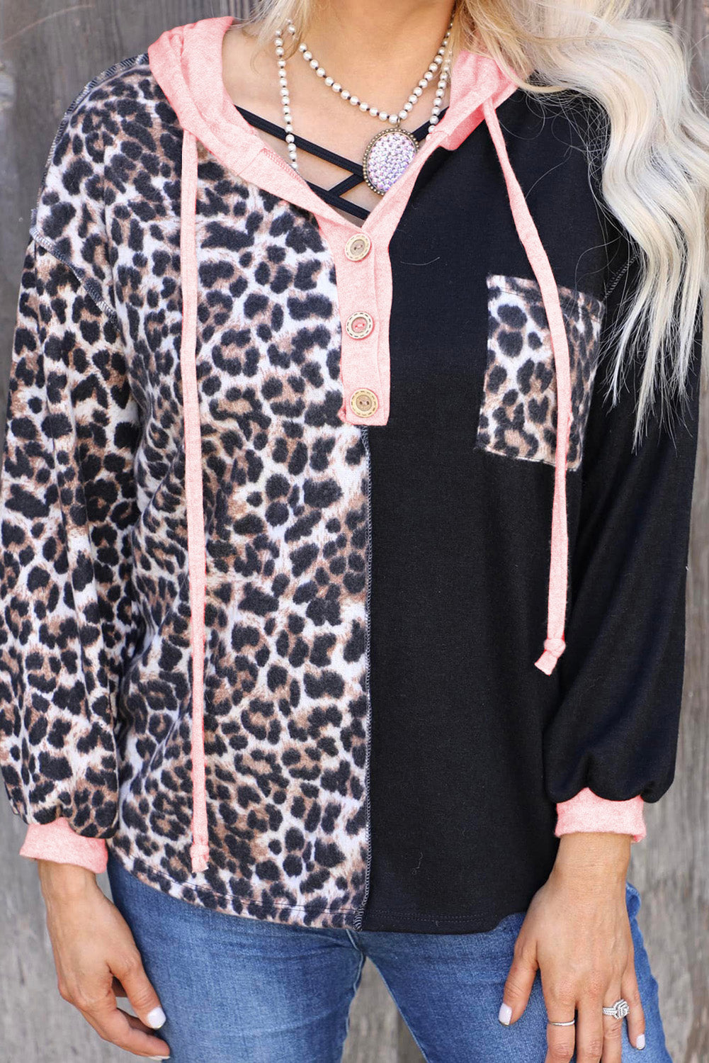 Leopard Patchwork Buttoned Hooded Sweatshirt
