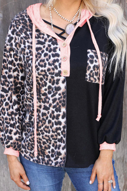 Leopard Patchwork Buttoned Hooded Sweatshirt