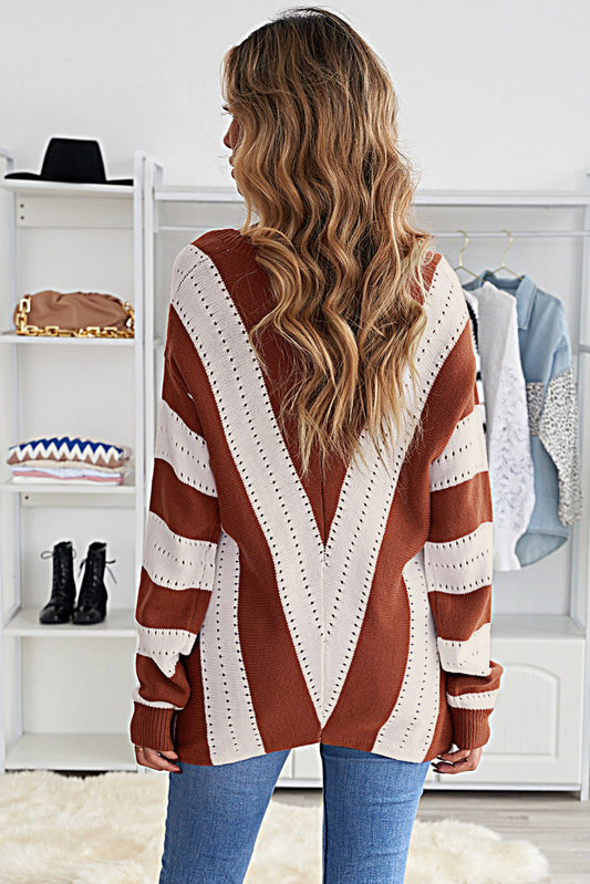 Suéter de punto con cuello en V y bloques de color a rayas
