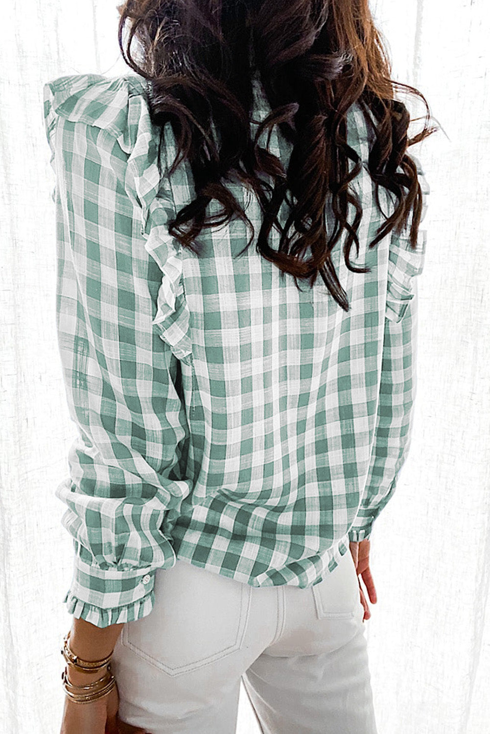 Plaid Print Ruffled Buttoned Shirt