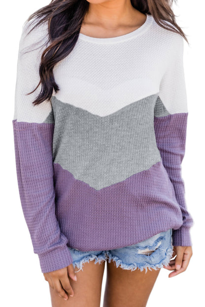 Sweat-shirt à motif gaufré à chevrons et blocs de couleurs 