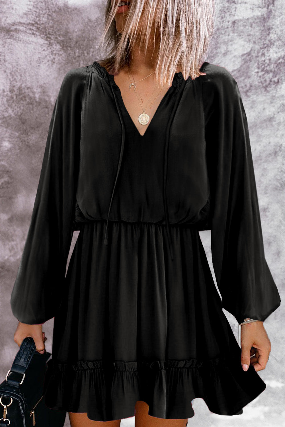 Khaki Bubble Sleeve Split Neck Ruffle Tunic Dress