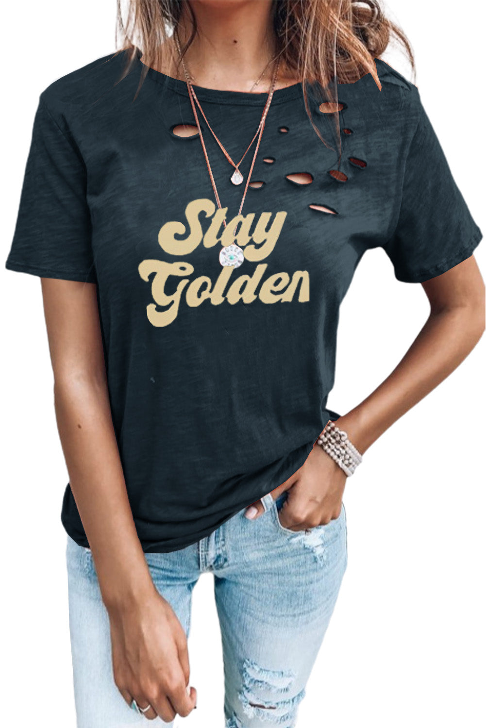 Distressed Crew Neck Leaves Pattern T-shirt