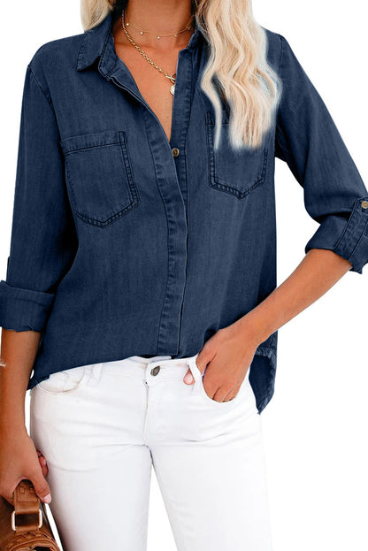 Chemise en jean à manches longues et ourlet effiloché 
