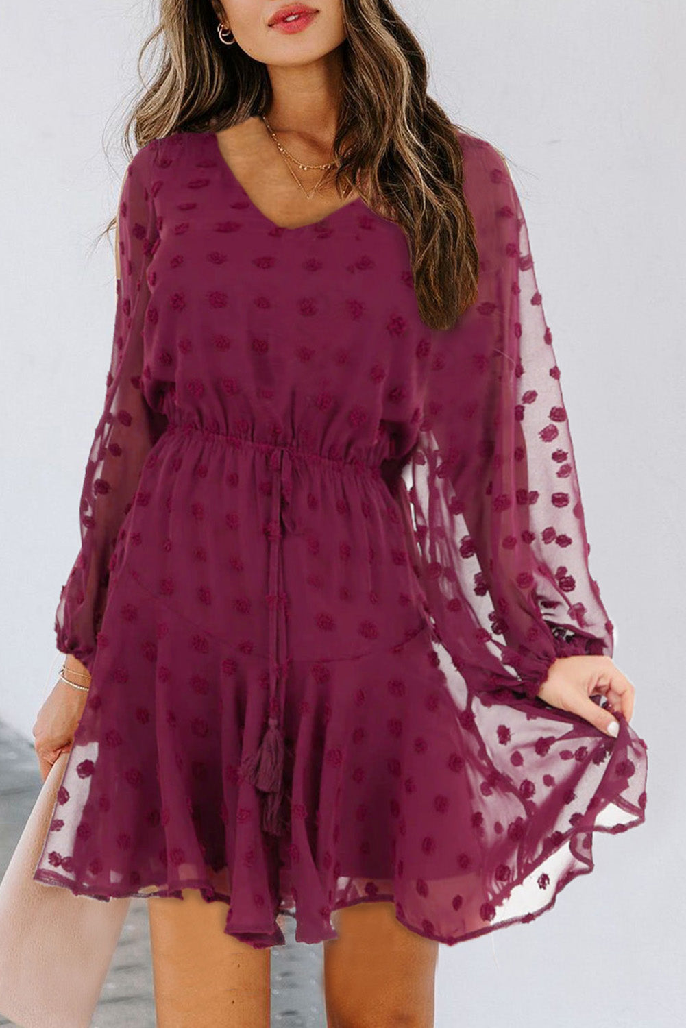 Mini-robe à manches longues et à pois suisses avec lien à la taille 