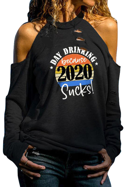 maybe drinking will help Print Cold Shoulder Cut-out Long Sleeve Top