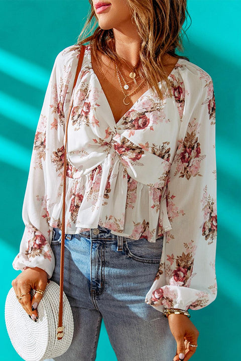 Beige V Neck Balloon Sleeve Twist Front Floral Blouse - HannaBanna Clothing