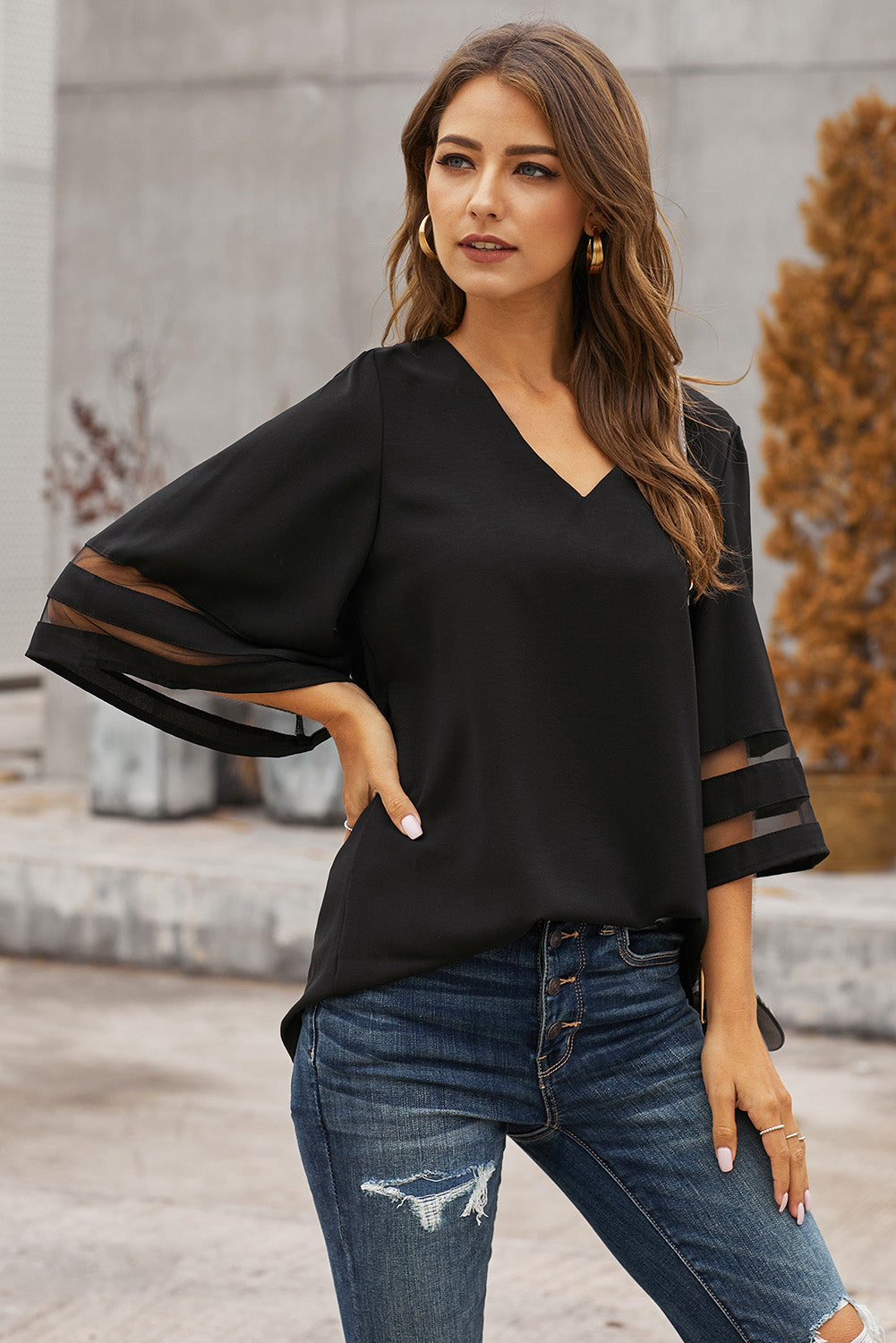 Flare Sleeve V Neck Loose Blouse – HannaBanna Clothing