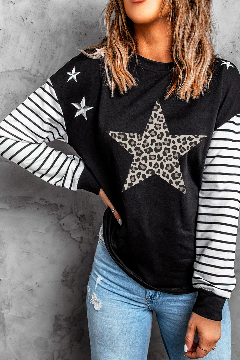 Striped Star Print Patchwork Long Sleeve Top