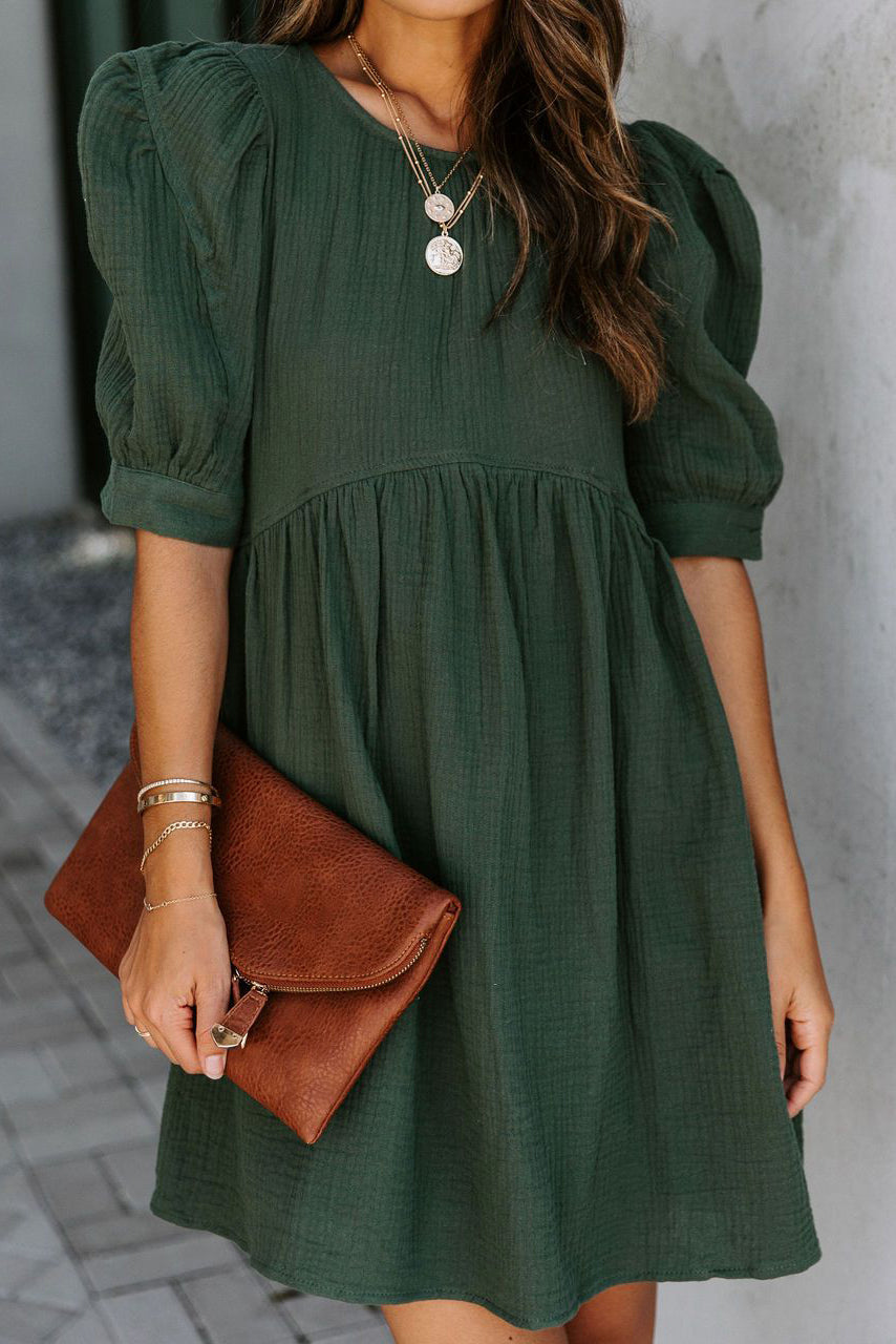 Pocketed Puff Sleeve Empire Waist Swing Short Dress