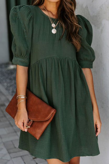 Pocketed Puff Sleeve Empire Waist Swing Short Dress