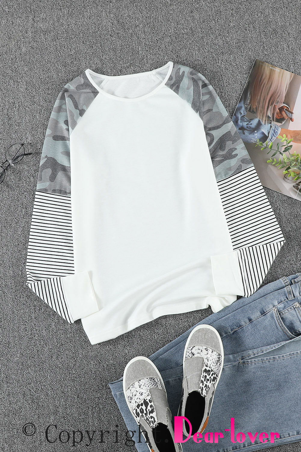 Round Neck Raglan Sleeve Camo Striped Patchwork Top