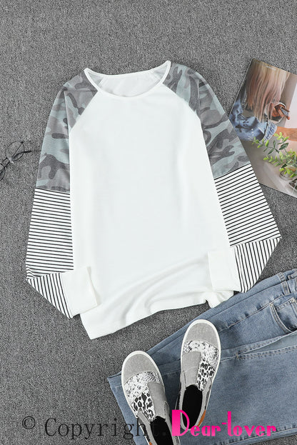 Round Neck Raglan Sleeve Camo Striped Patchwork Top