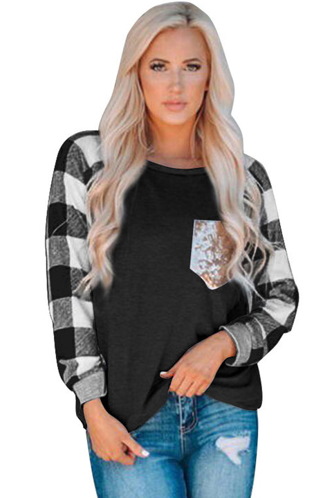 Plaid Splicing Sequined Pocket Long Sleeve Top