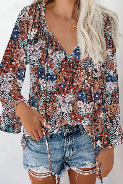 Floral Print Drawstring Long Bell Sleeve Blouse