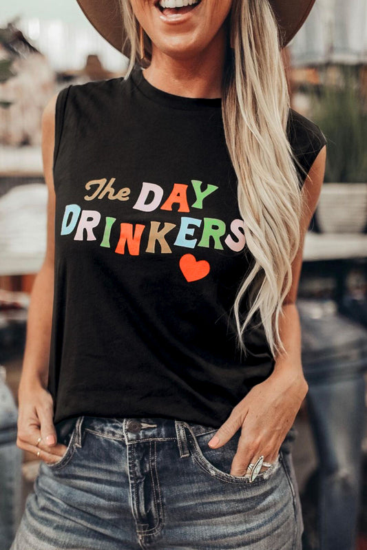 Camiseta sin mangas con estampado de letras The DAY DRINKERS