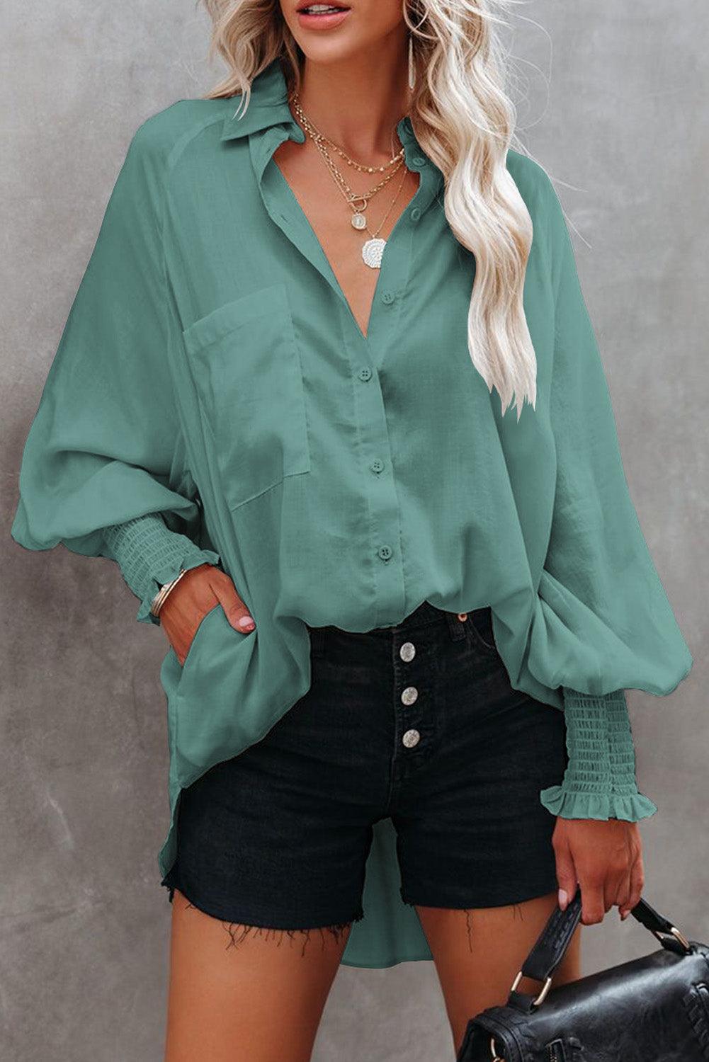Billowy Sleeves Pocketed Shirt - HannaBanna Clothing