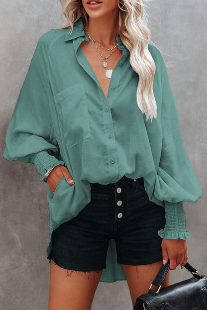 Billowy Sleeves Pocketed Shirt - HannaBanna Clothing