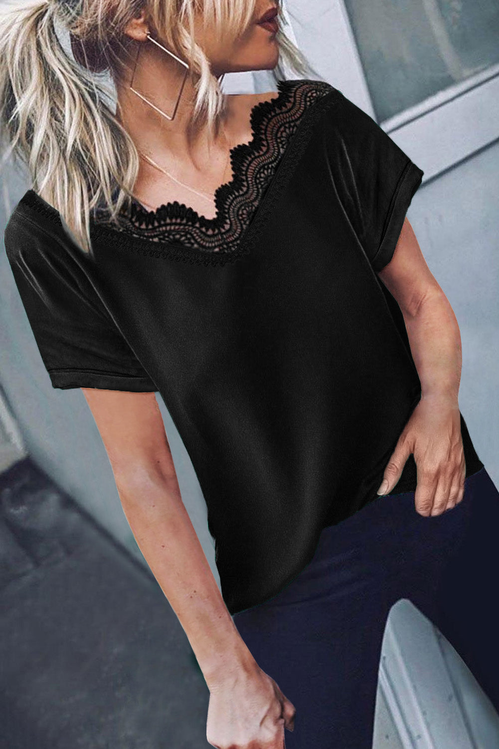 Wine Lace V Neck Short Sleeve T-shirt