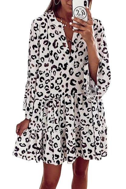 Print V neck Ruffle Swing Mini Dress