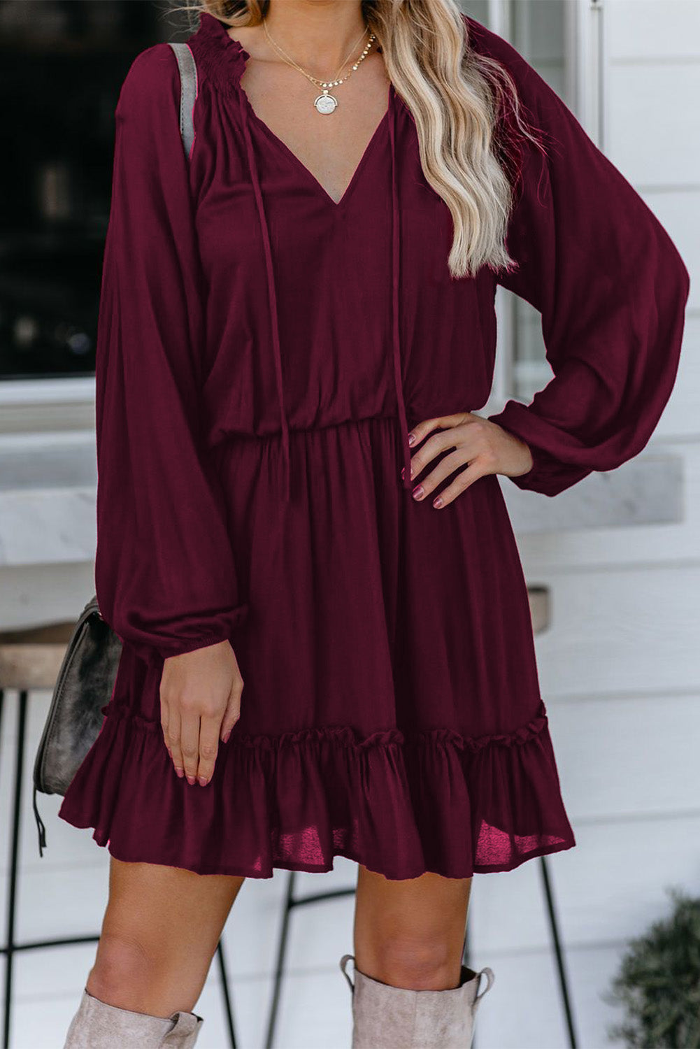Khaki Bubble Sleeve Split Neck Ruffle Tunic Dress