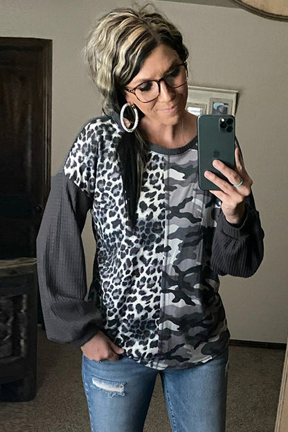 Leopard&Camo Splicing Waffle Knit Top