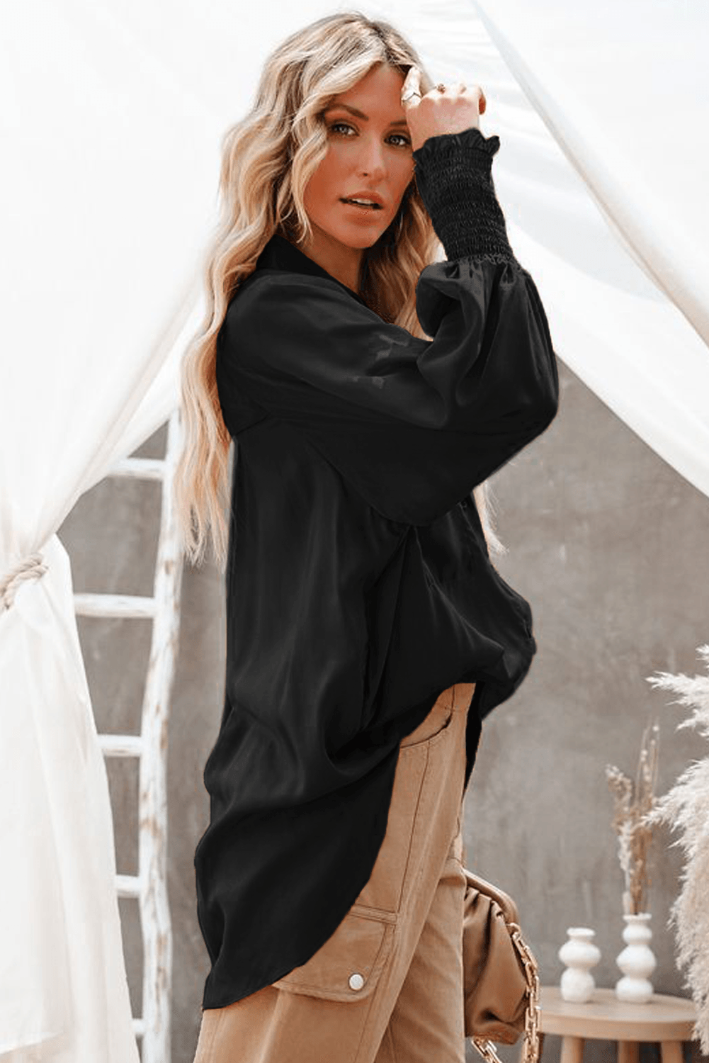 Billowy Sleeves Pocketed Shirt - HannaBanna Clothing