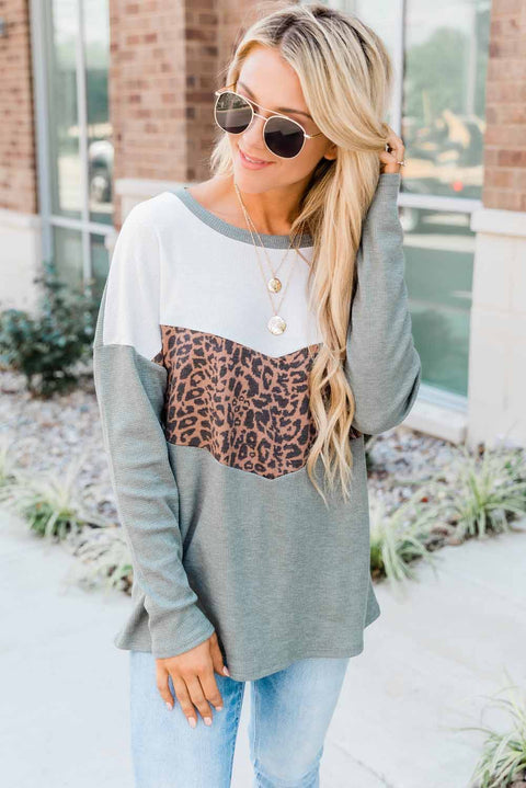 Leopard Print Stitching Color Block Long Sleeve Top