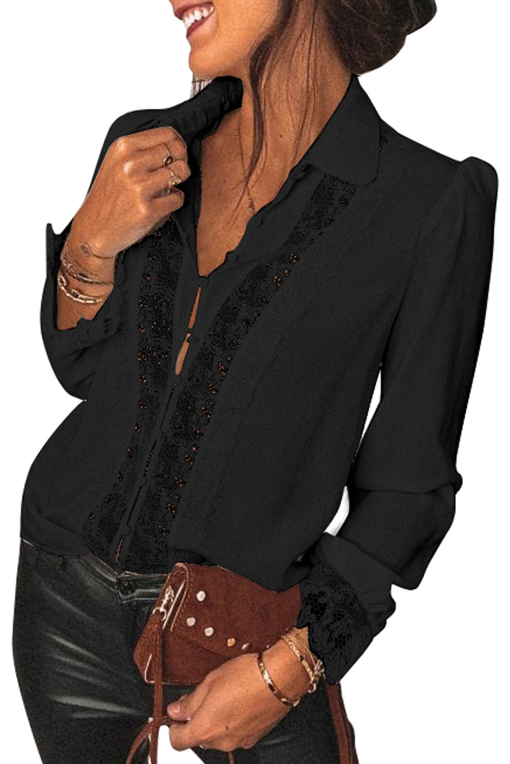 Chemise boutonnée à épissure de dentelle