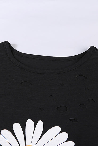 Distressed Crew Neck Leaves Pattern T-shirt