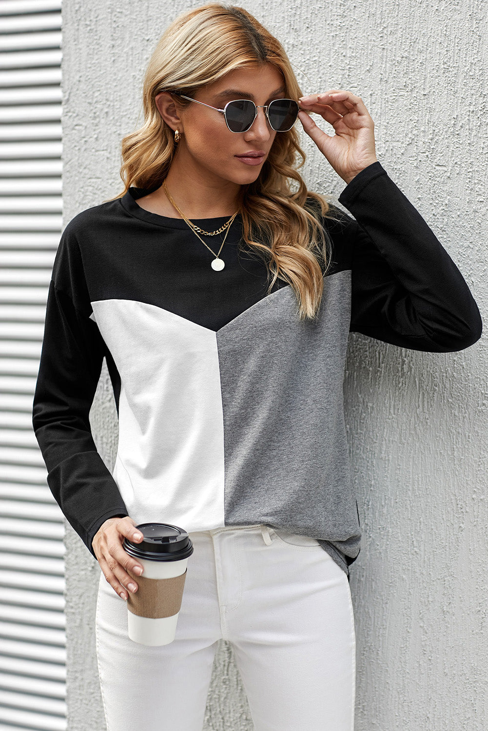 Color Block Splicing O-Neck Blouse