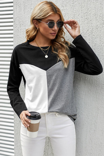 Color Block Splicing O-Neck Blouse