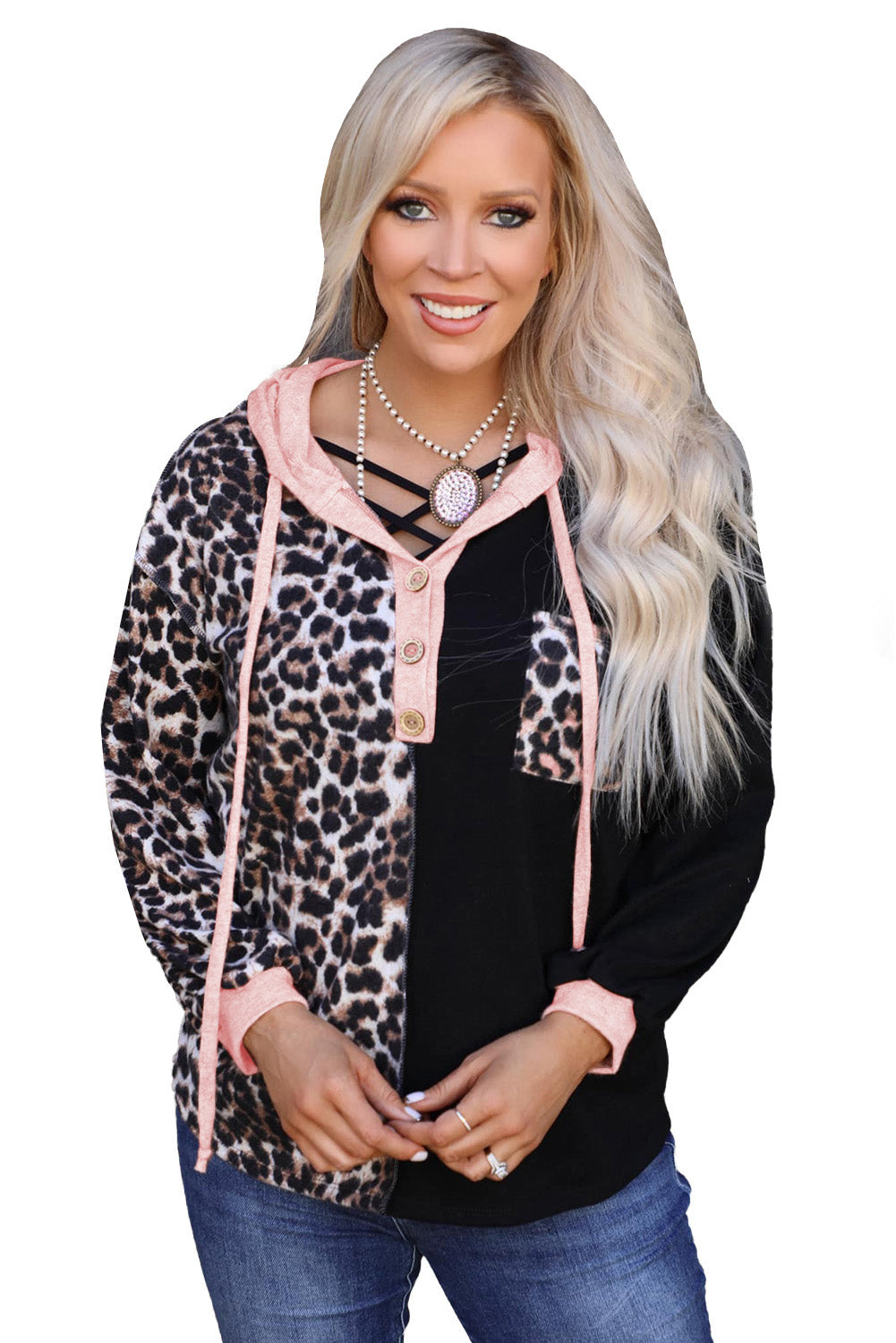 Leopard Patchwork Buttoned Hooded Sweatshirt