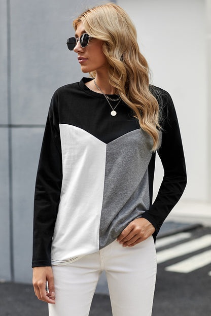 Color Block Splicing O-Neck Blouse