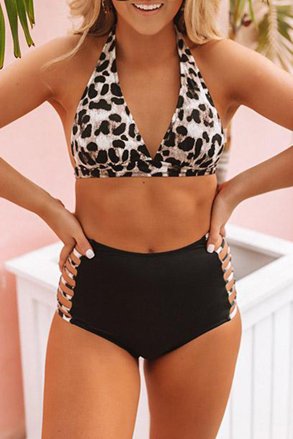 Print Tie Halter Neckline High Waist Tummy Control Swimsuit