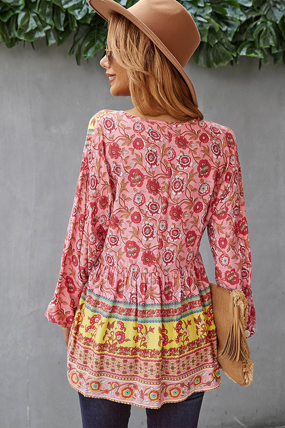 Floral Print Loose Drawstring V Neck Blouse