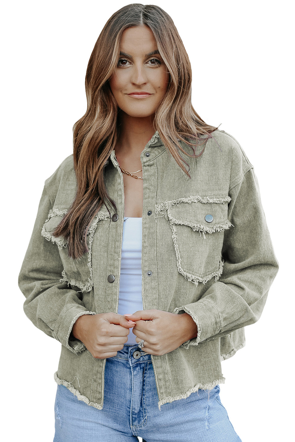 Distressed Flap Pockets Frayed Hemline Denim Jacket