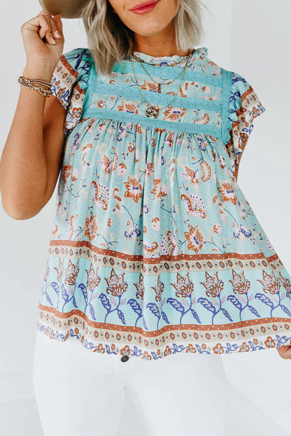 Floral Print Ruffled Crew Neck Sleeveless Top
