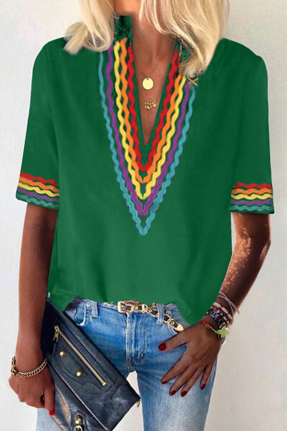 Haut à manches courtes à blocs de couleurs ethniques