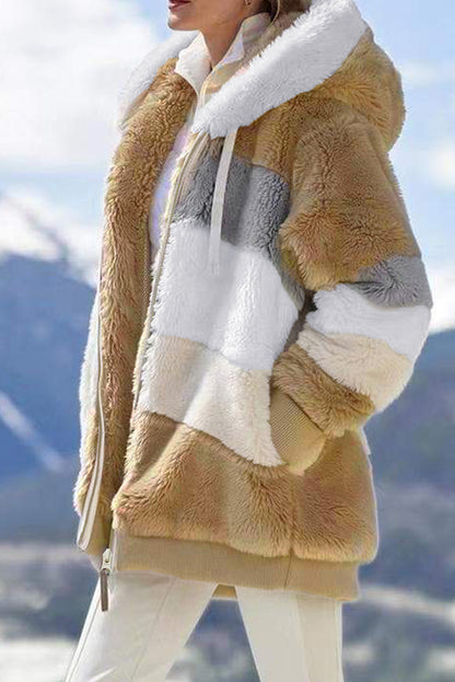 Abrigo sherpa con cremallera y bloques de color rojo vino con capucha 