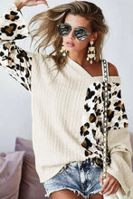 Beige Asymmetric Leopard Patchwork Wide Sleeve V Neck Sweater