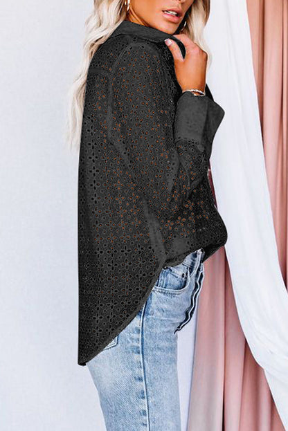 Camisa ahuecada con estampado floral de ojales de manga larga