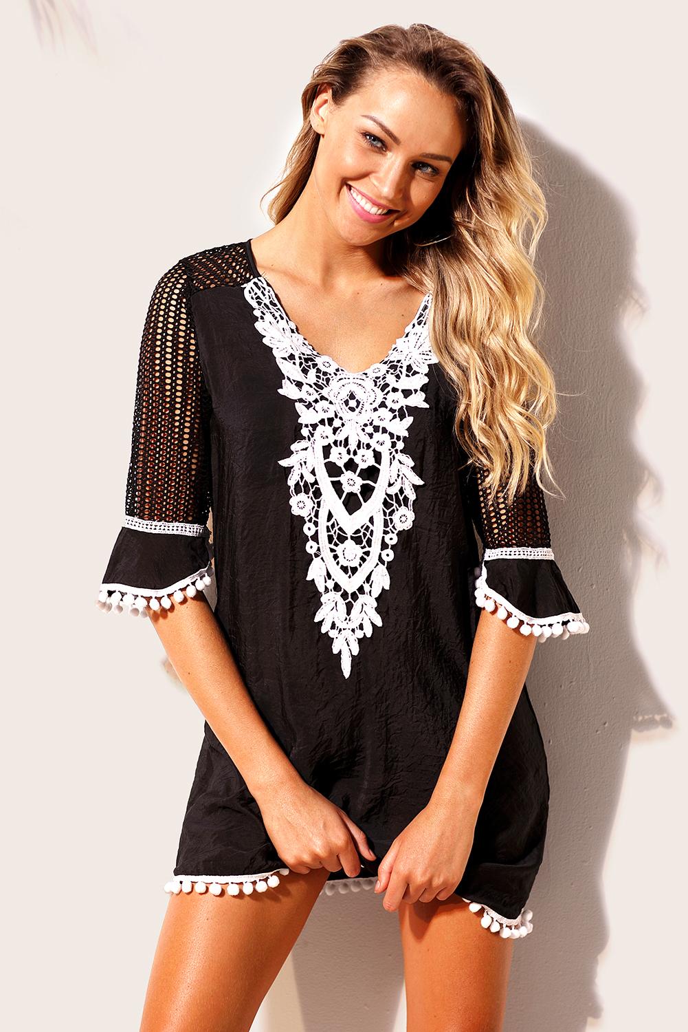 Crochet Pom Pom Trim Beach Tunic Cover up