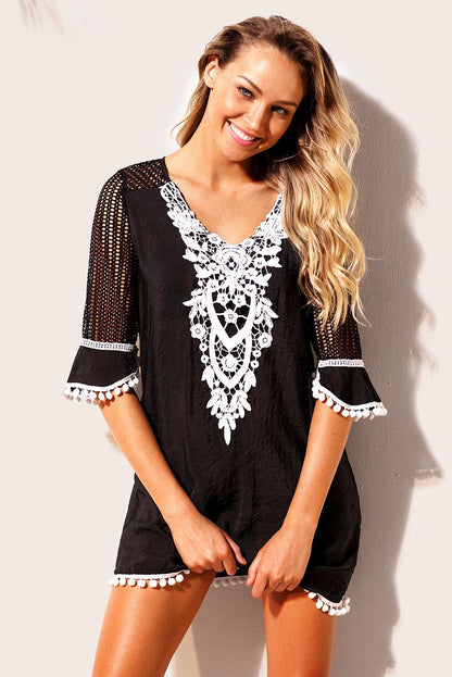 Crochet Pom Pom Trim Beach Tunic Cover up