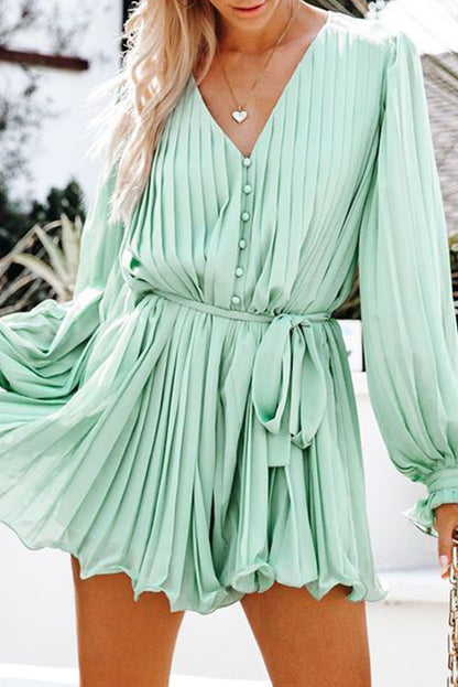 Pleated Ruffled Tie Waist Buttons V Neck Romper