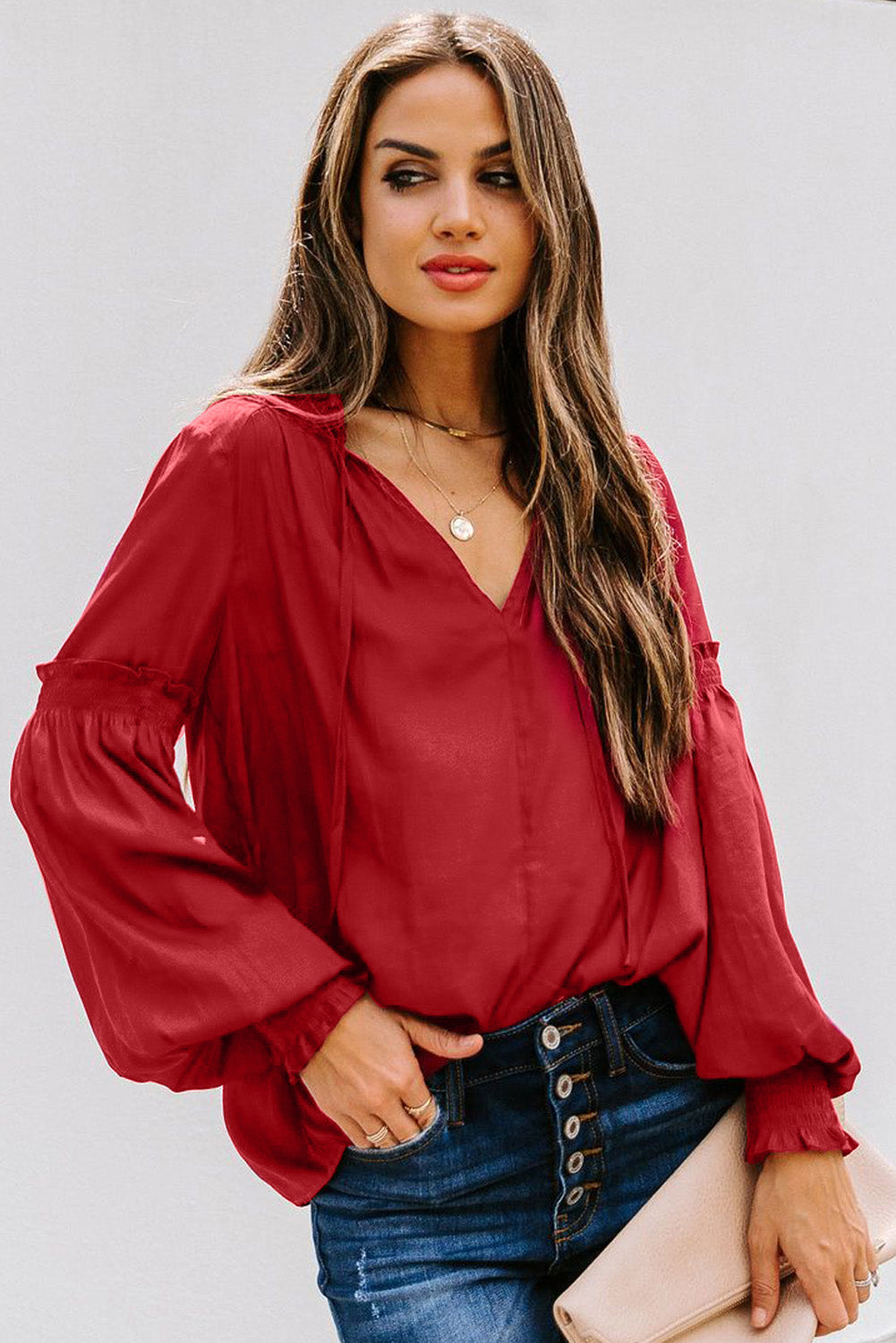 Satin V-neck Lantern Sleeve Drawstring Blouse