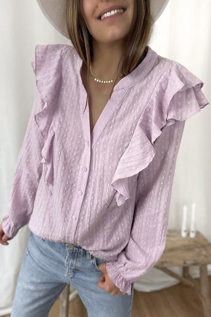 Camisa con mangas de burbujas y volantes transparentes con textura punteada