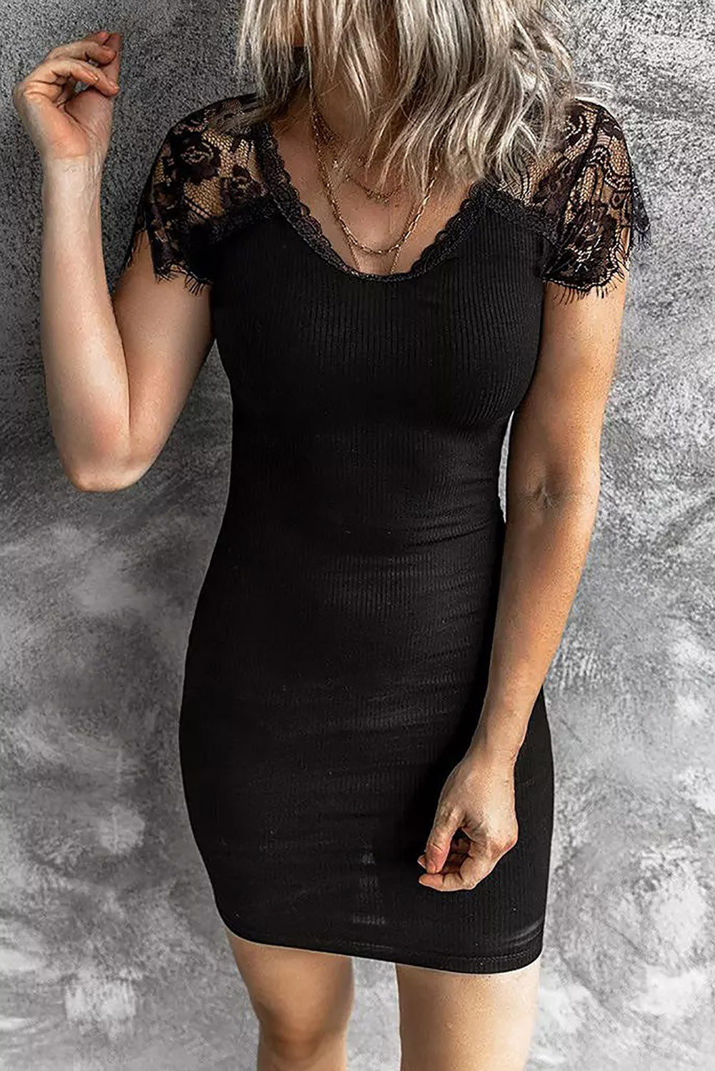 Lace Sleeve Ribbed Bodycon Dress
